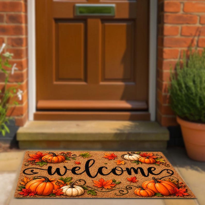 Fall Welcome Coir Doormat, Pumpkins and Leaves Design