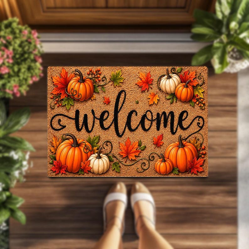 Fall Welcome Coir Doormat, Pumpkins and Leaves Design