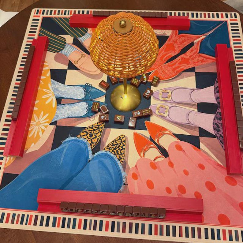 Vibrant Shoe Print Mahjong Mat, Grandmillennial Eclectic Table Cover