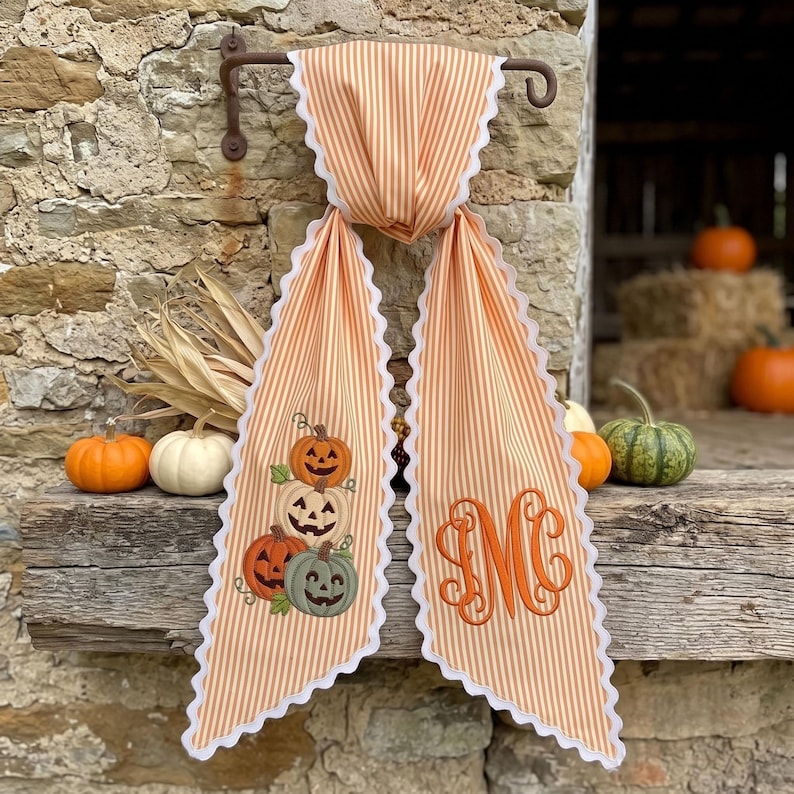 Custom Embroidery Halloween Pumpkin Monogram Name Sash, Embroidery Pumpkin Bow, Gingham Ribbon