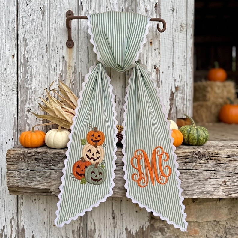 Custom Embroidery Halloween Pumpkin Monogram Name Sash, Embroidery Pumpkin Bow, Gingham Ribbon