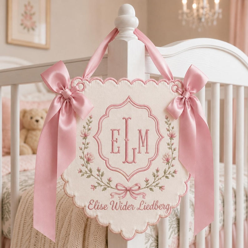 Personalized Baby Hospital Banner, Embroidered Monogram Newborn Name Sign, Floral Nursery Decor, Baby Shower Keepsake Gift