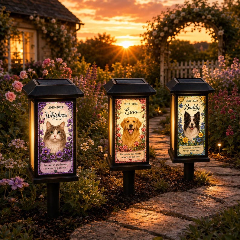 Personalized Pet Memorial Solar Light, Custom Dog Cat Photo Garden Stake, Stained Glass Style Remembrance Gift