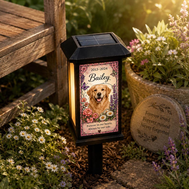 Personalized Pet Memorial Solar Light, Custom Dog Cat Photo Garden Stake, Stained Glass Style Remembrance Gift