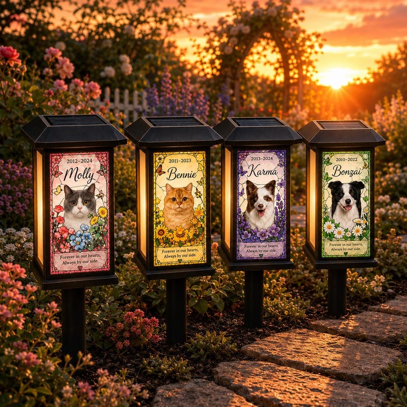 Personalized Pet Memorial Solar Light, Custom Dog Cat Photo Garden Stake, Stained Glass Style Remembrance Gift