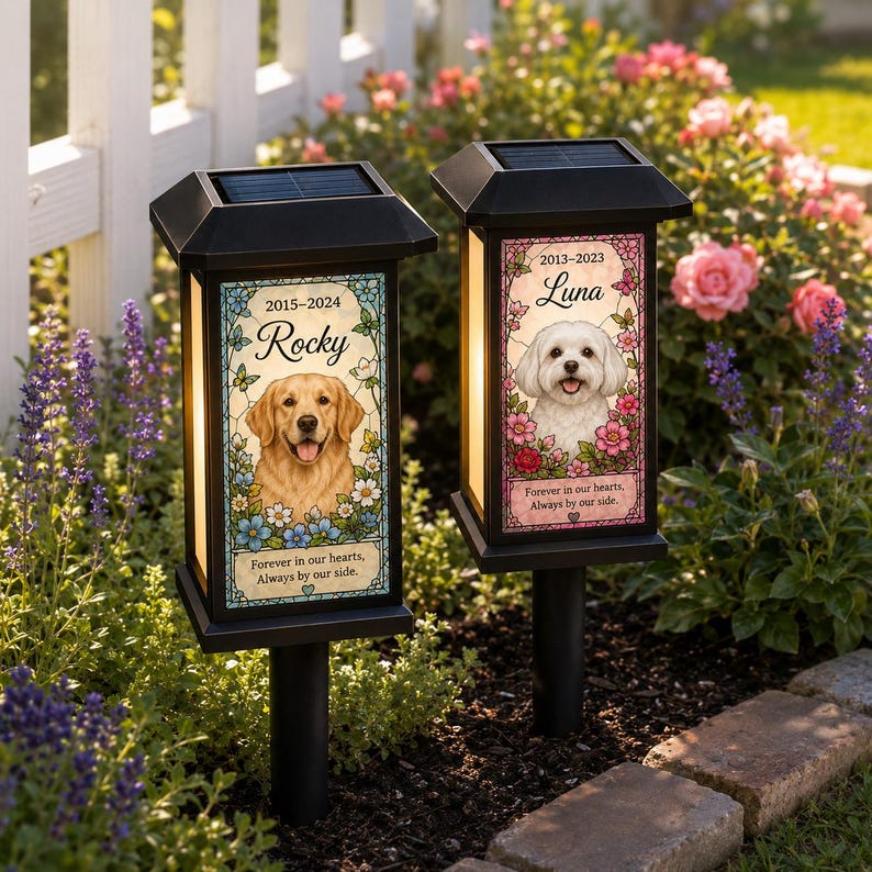 Personalized Pet Memorial Solar Light, Custom Dog Cat Photo Garden Stake, Stained Glass Style Remembrance Gift