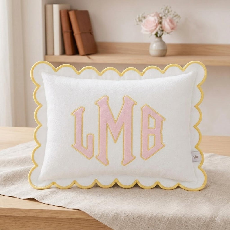 Personalized Embroidered Pillow Cover, Custom Name Cushion Cover, Monogram Scalloped Pillow, Kids Room Decor
