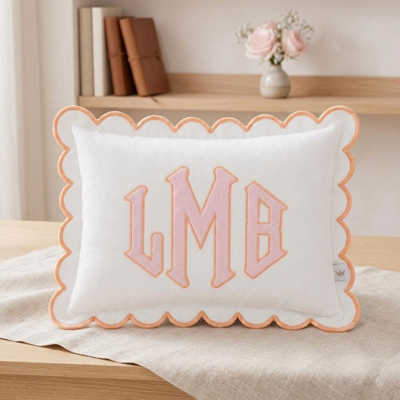 Personalized Embroidered Pillow Cover, Custom Name Cushion Cover, Monogram Scalloped Pillow, Kids Room Decor