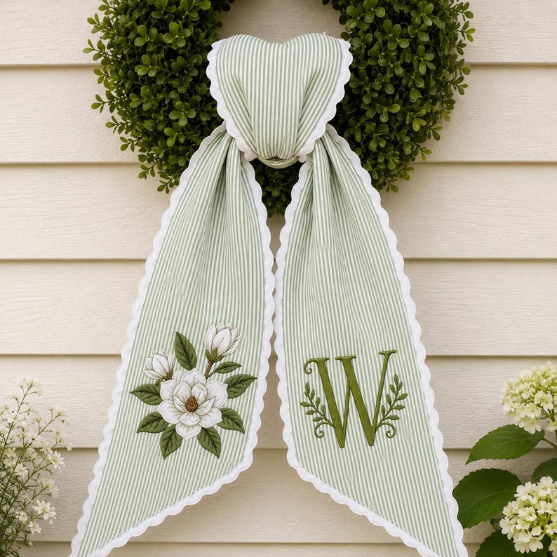 Custom Embroidery Magnolia Wreath Sash, Personalize Monogram Bow Wedding Decor, Floral Ticking Stripe Ribbon