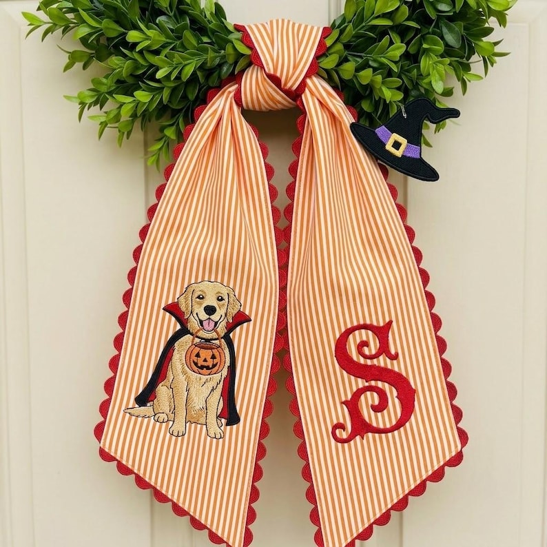 Custom Halloween Wreath Sash, Embroidered Vampire Golden Retriever Door Bow, Spooky Autumn Home Decor