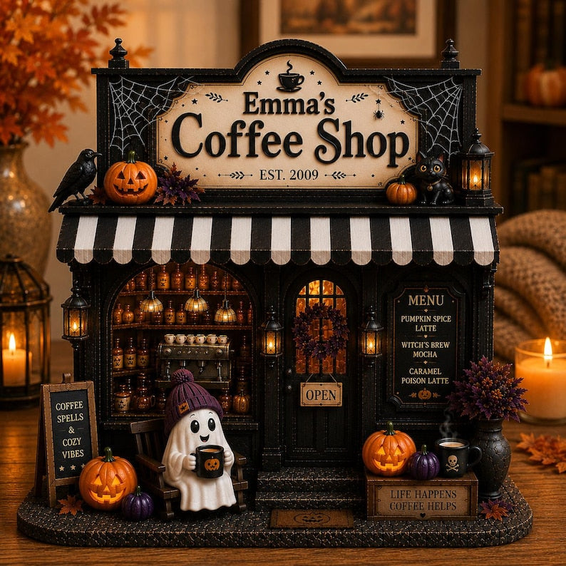 Personalized Ghost Coffee Shop Wood Sign, Spooky Cafe Bar Halloween Shelf Display, Miniature Coffee Decor