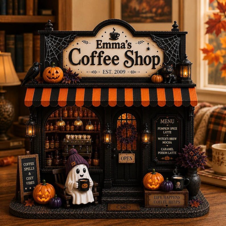 Personalized Ghost Coffee Shop Wood Sign, Spooky Cafe Bar Halloween Shelf Display, Miniature Coffee Decor
