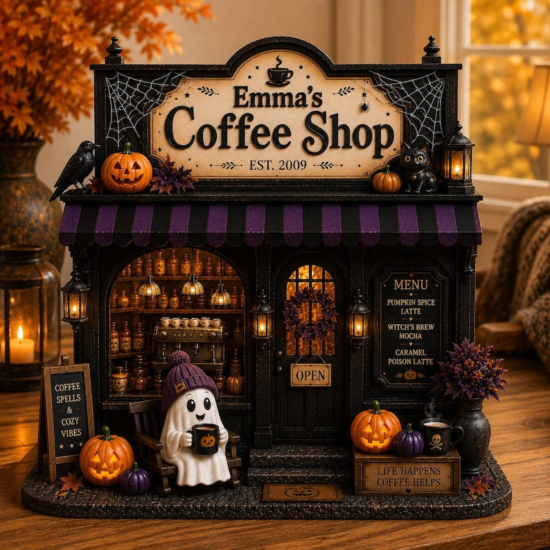 Personalized Ghost Coffee Shop Wood Sign, Spooky Cafe Bar Halloween Shelf Display, Miniature Coffee Decor