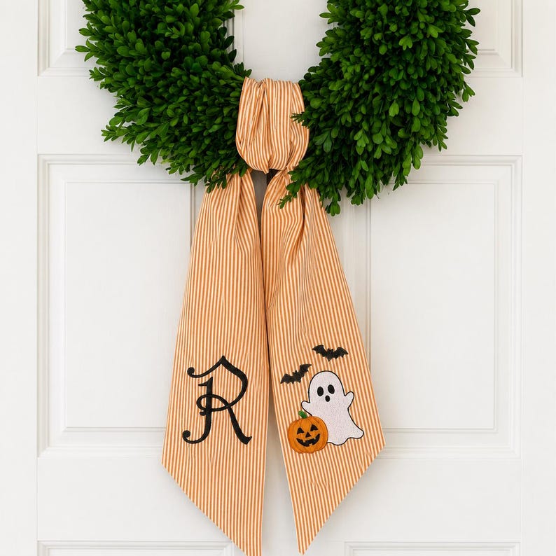 Personalized Halloween Wreath Sash, Ghost Door Sash, Custom Name Embroidered Holiday Decor