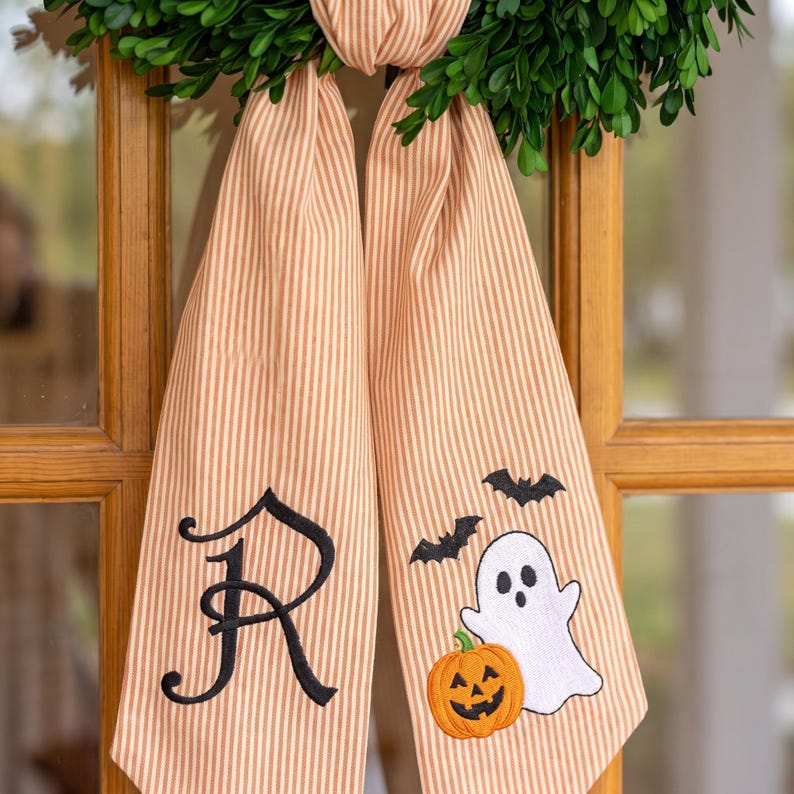 Personalized Halloween Wreath Sash, Ghost Door Sash, Custom Name Embroidered Holiday Decor