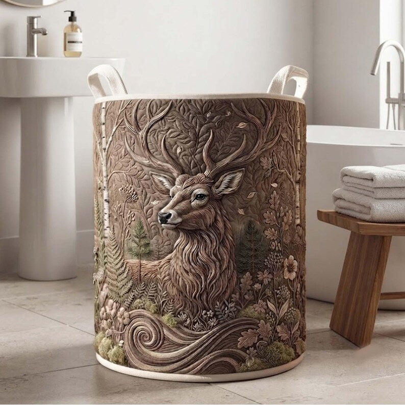 Woodland Deer Quilted Laundry Basket, Forest Wildlife Hamper, Wilderness Nature Basket