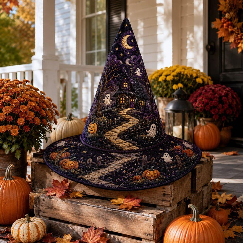 Halloween Quilted Witch Hat, Haunted House Ghost Pumpkin Fabric Hat, Spooky Fall Shelf Decor Centerpiece