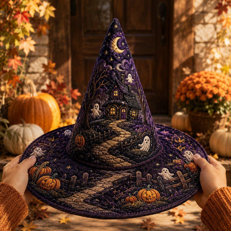 Halloween Quilted Witch Hat, Haunted House Ghost Pumpkin Fabric Hat, Spooky Fall Shelf Decor Centerpiece