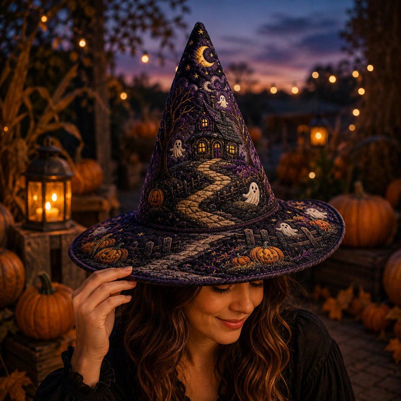 Halloween Quilted Witch Hat, Haunted House Ghost Pumpkin Fabric Hat, Spooky Fall Shelf Decor Centerpiece