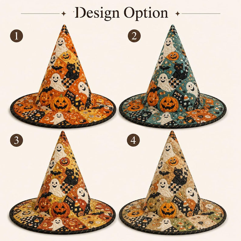 Halloween Quilted Witch Hat, Patchwork Pumpkin Ghost Cat Fabric Hat, Handmade Spooky Fall Decor Gift