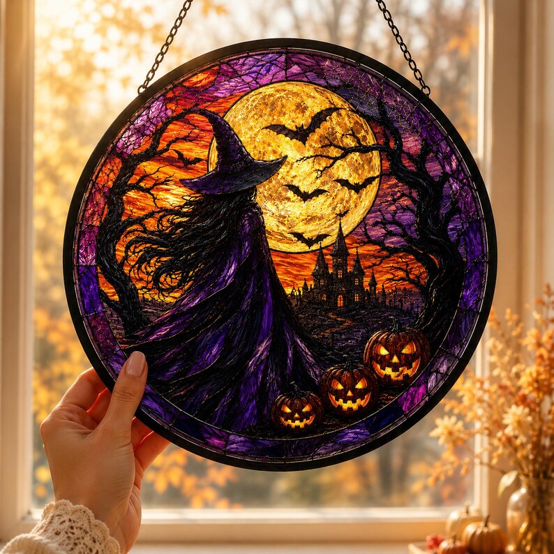 Witch and Moon Glass Suncatcher, Halloween Decor Gift