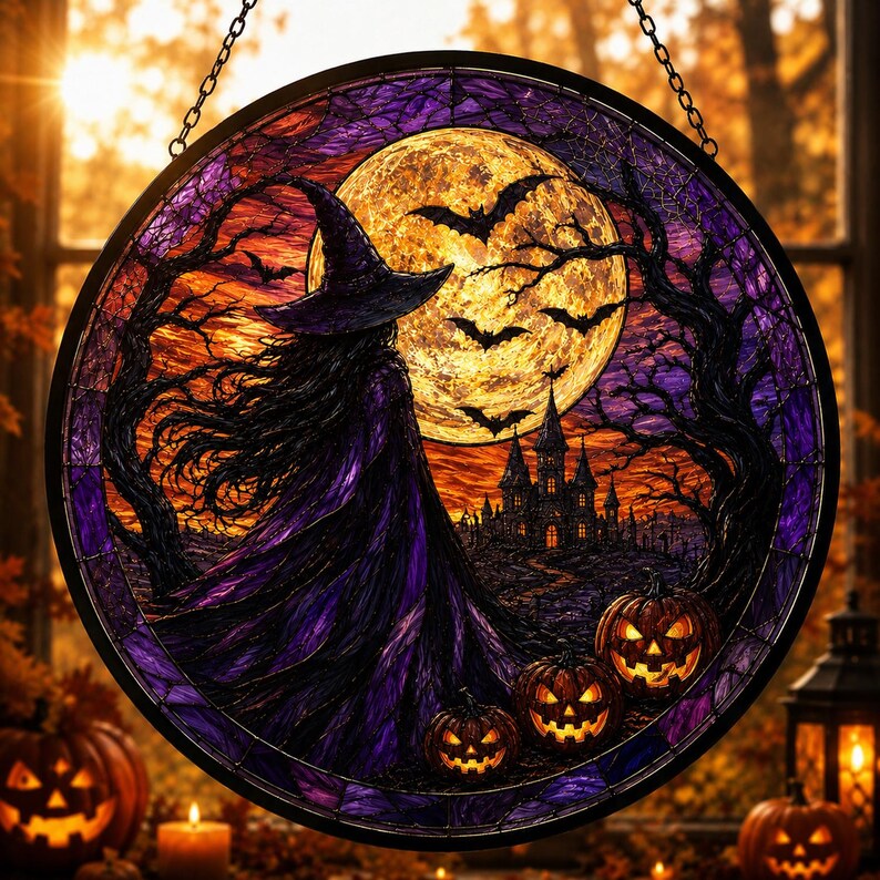 Witch and Moon Glass Suncatcher, Halloween Decor Gift