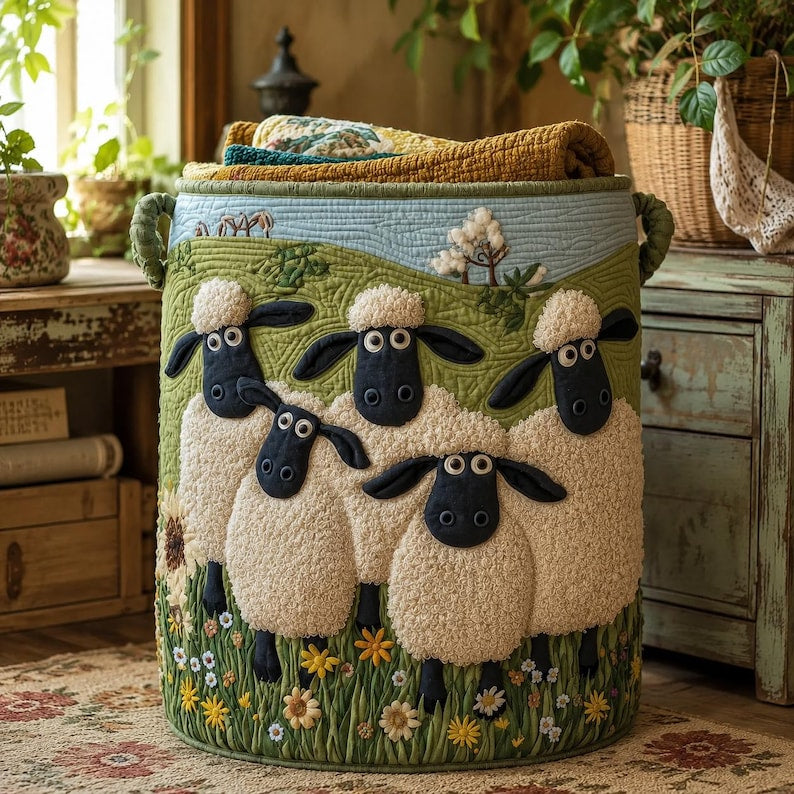 Black Face Sheep Quilted Laundry Basket, Rustic Organizer, Personalized Fabric Storage Basket