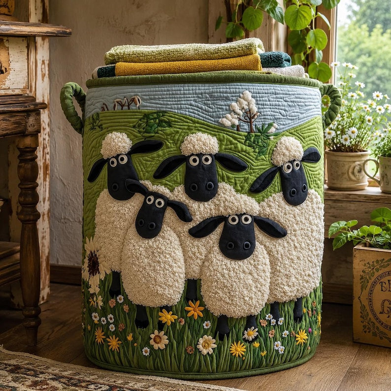 Black Face Sheep Quilted Laundry Basket, Rustic Organizer, Personalized Fabric Storage Basket