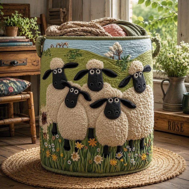 Black Face Sheep Quilted Laundry Basket, Rustic Organizer, Personalized Fabric Storage Basket