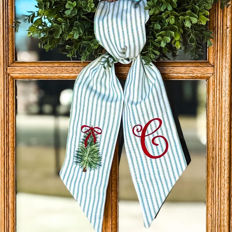 Personalized Christmas Tree Wreath Sash, Red Ticking Stripe Front Door Bow, Embroidered Holiday Decor