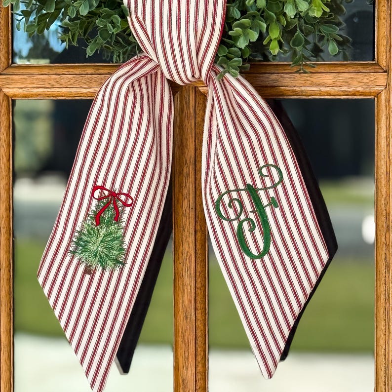 Personalized Christmas Tree Wreath Sash, Red Ticking Stripe Front Door Bow, Embroidered Holiday Decor