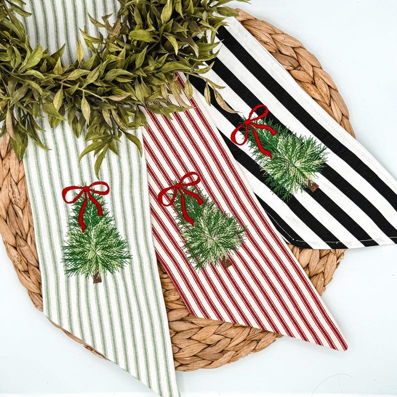 Personalized Christmas Tree Wreath Sash, Red Ticking Stripe Front Door Bow, Embroidered Holiday Decor
