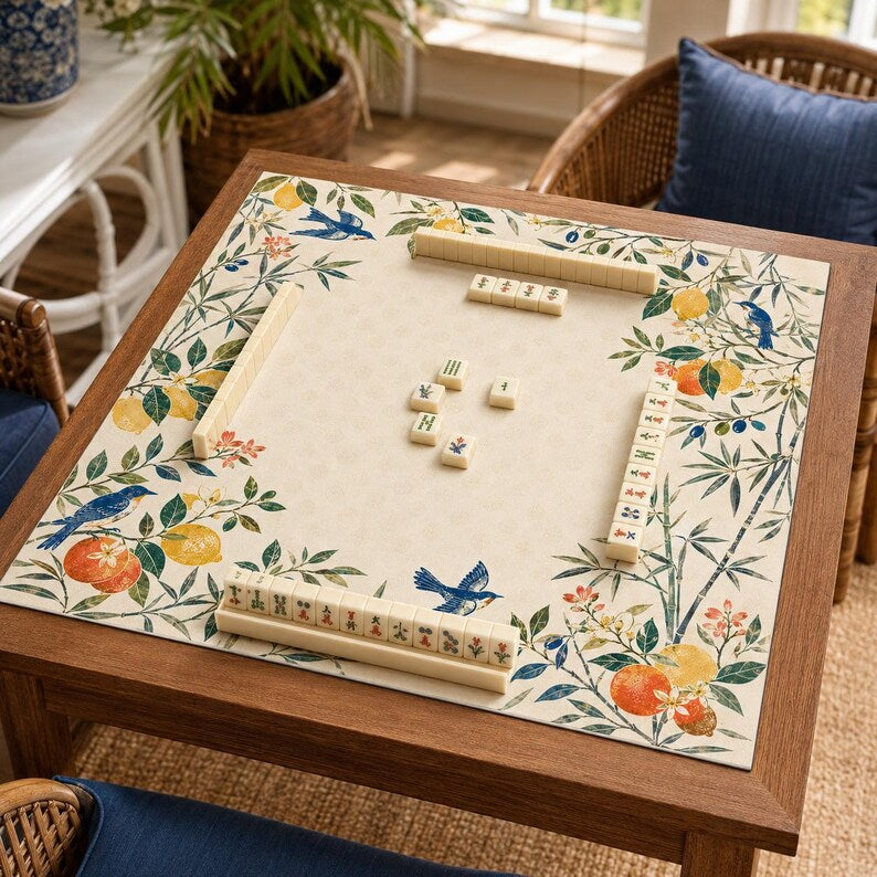 Citrus Bird Mahjong Mat, Mahjong Table Mat, Quieter Play Game Mat with Storage Bag, Blue Coastal Mahjong Gift