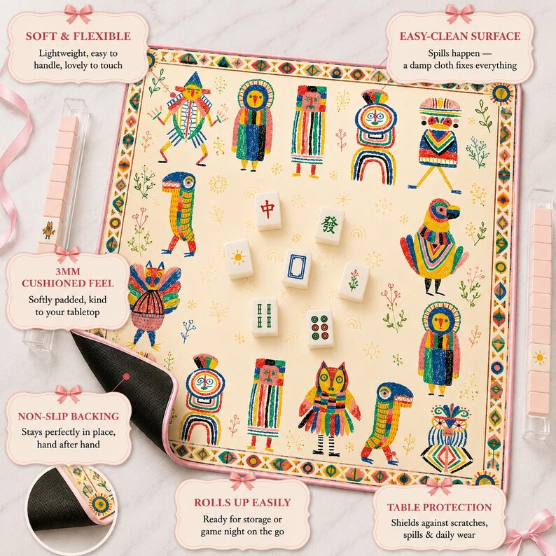 Whimsical Folk Art Mahjong Mat, Colorful Tribal Character Mahjong Table Mat, Eclectic Boho Game Mat