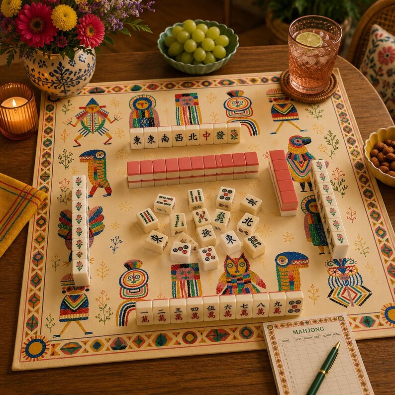 Whimsical Folk Art Mahjong Mat, Colorful Tribal Character Mahjong Table Mat, Eclectic Boho Game Mat