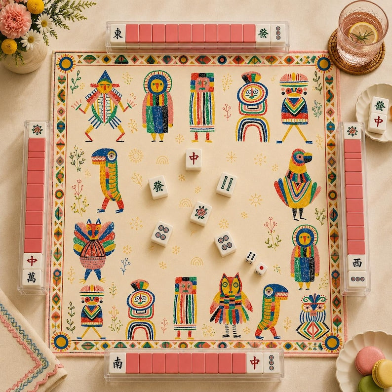 Whimsical Folk Art Mahjong Mat, Colorful Tribal Character Mahjong Table Mat, Eclectic Boho Game Mat