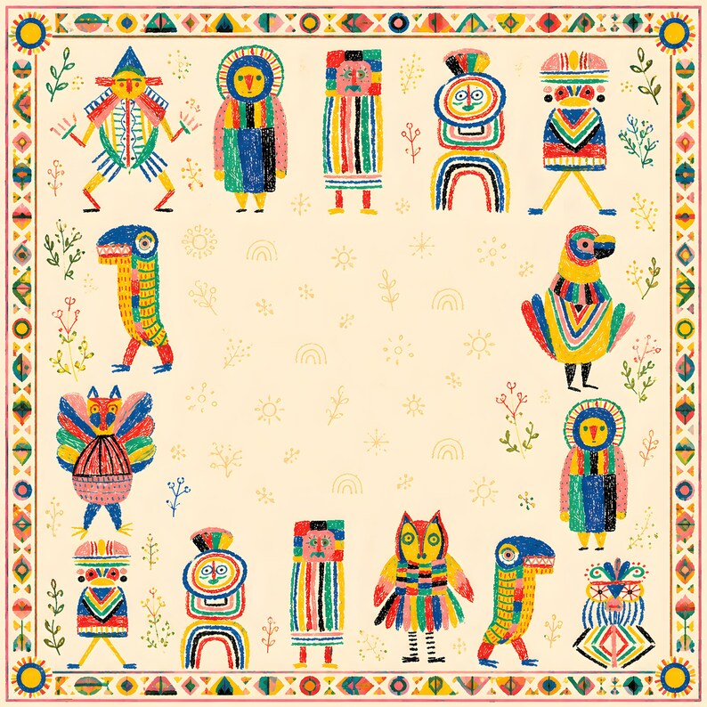 Whimsical Folk Art Mahjong Mat, Colorful Tribal Character Mahjong Table Mat, Eclectic Boho Game Mat
