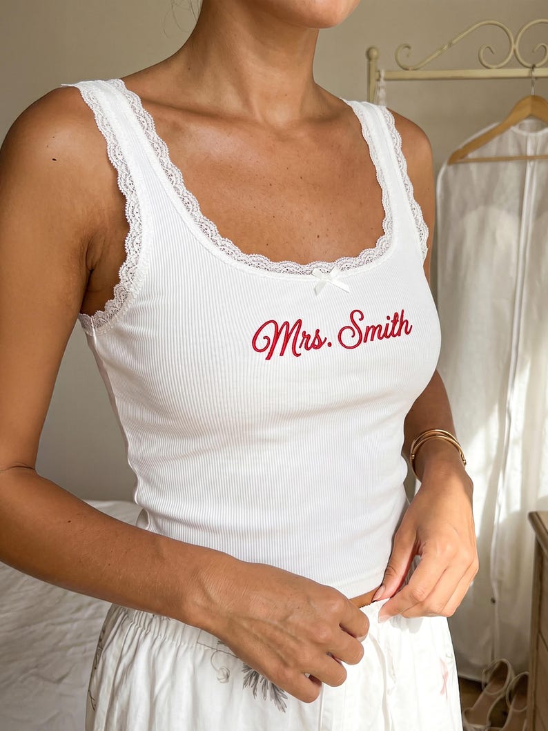 Personalized Embroidered Lace Tank Top, Bridal Camisole, Bridesmaid Gifts, New Mrs. Tank, Bachelorette Party Favors