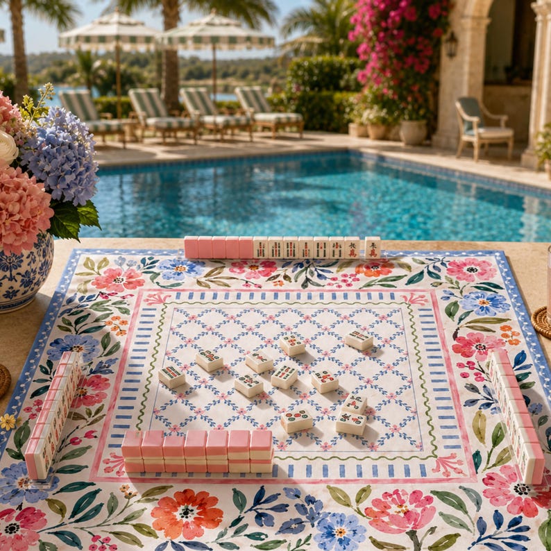 Watercolor Floral Garden Mahjong Mat, American Mahjong Mat, Blue Pink Botanical Lattice, Preppy Grandmillennial Mahjong Gift
