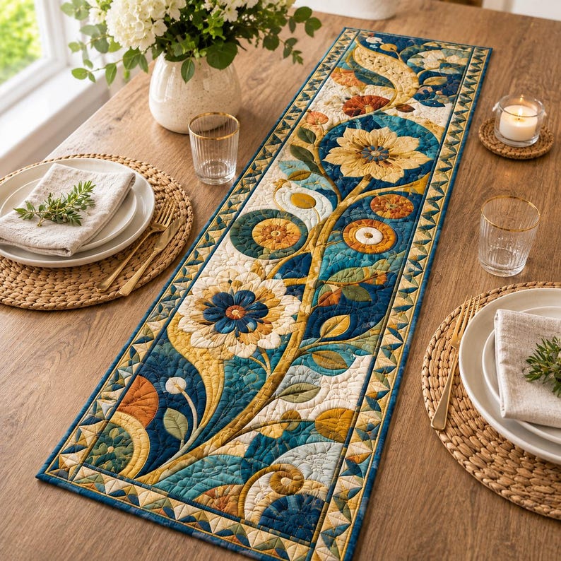 Art Nouveau Floral Quilted Table Runner, Blue Gold Botanical Farmhouse Décor