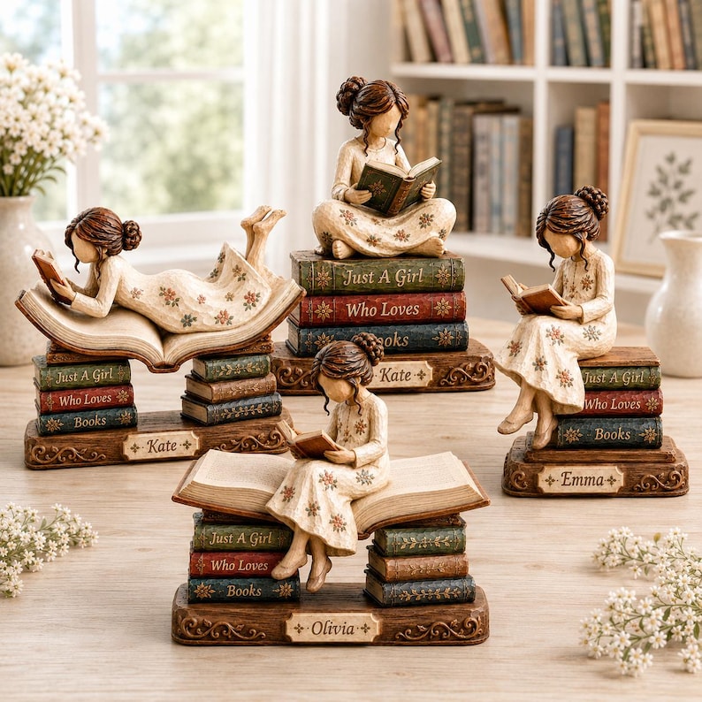 Personalized Reading Girl Wooden Block, Just A Girl Who Loves Books, Bookworm Shelf Decor, Book Lover Gift