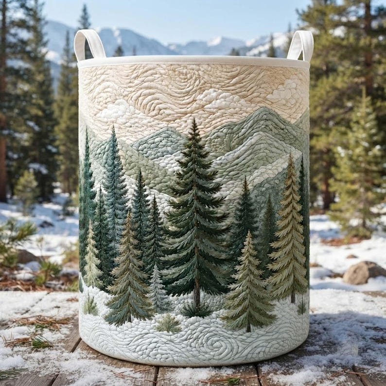 Mountain View Quilted Laundry Hamper: Pine Tree Forest Storage Bin, Nature Lover Gift