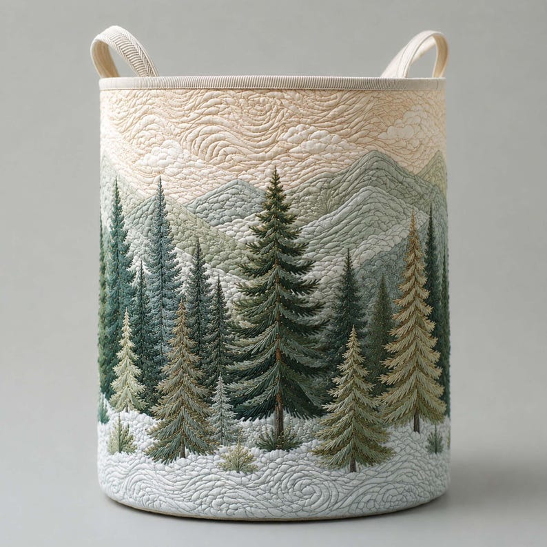 Mountain View Quilted Laundry Hamper: Pine Tree Forest Storage Bin, Nature Lover Gift
