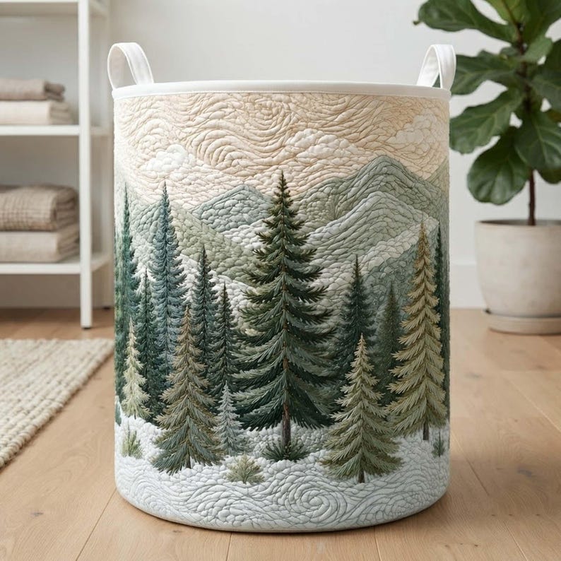 Mountain View Quilted Laundry Hamper: Pine Tree Forest Storage Bin, Nature Lover Gift