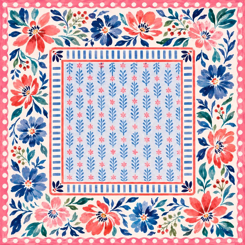 Pink Floral Mahjong Mat, American Mahjong Mat, Blue Botanical Stripe, Preppy Grandmillennial Mahjong Gift