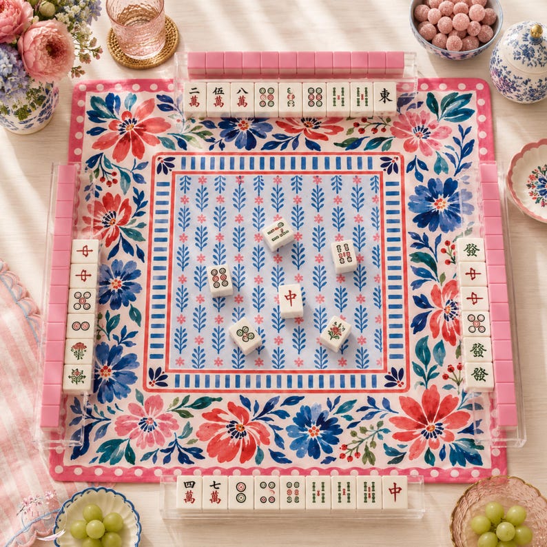 Pink Floral Mahjong Mat, American Mahjong Mat, Blue Botanical Stripe, Preppy Grandmillennial Mahjong Gift