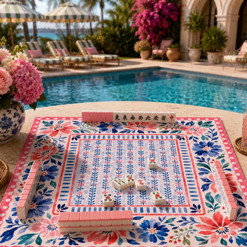 Pink Floral Mahjong Mat, American Mahjong Mat, Blue Botanical Stripe, Preppy Grandmillennial Mahjong Gift