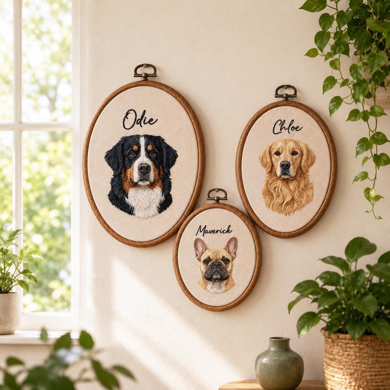 Personalized Pet Portrait Embroidery Hoop Art, Custom Dog Memorial Gift, Embroidered Pet Portrait From Photo