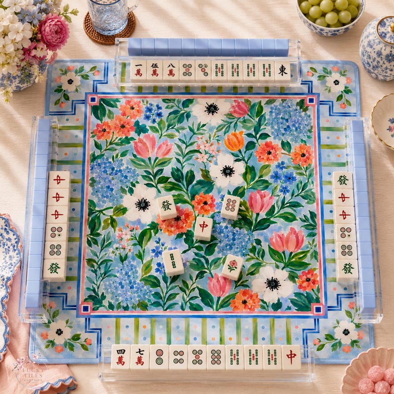 Hydrangea Floral Garden Mahjong Mat, American Mahjong Mat, Blue Green Garden Floral, Preppy Palm Beach Mahjong Gift