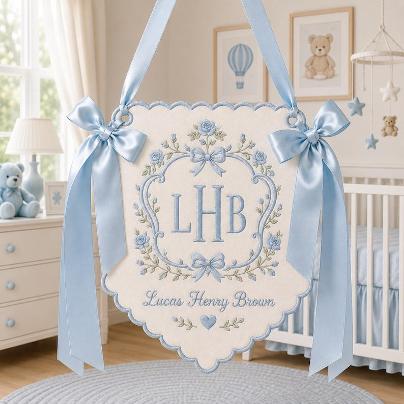 Custom Embroidered Baby Name Banner, Hospital Name Sign, Personalized Nursery Door Sign, Baby Shower Keepsake